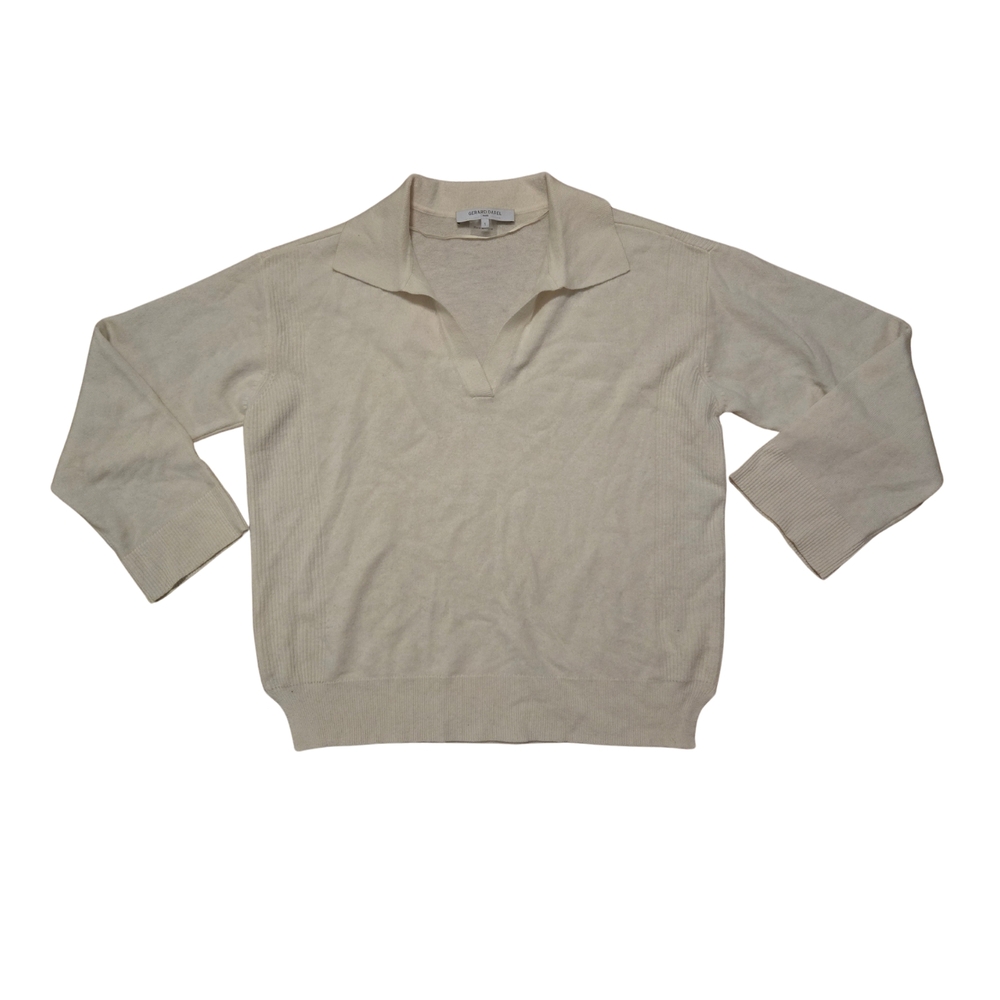Gerard Darel Polo Collar Cream V-Neck Sweater